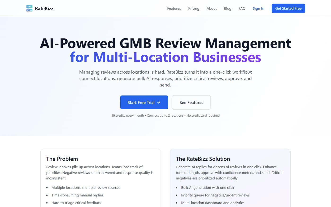 RateBizz review management platform home page